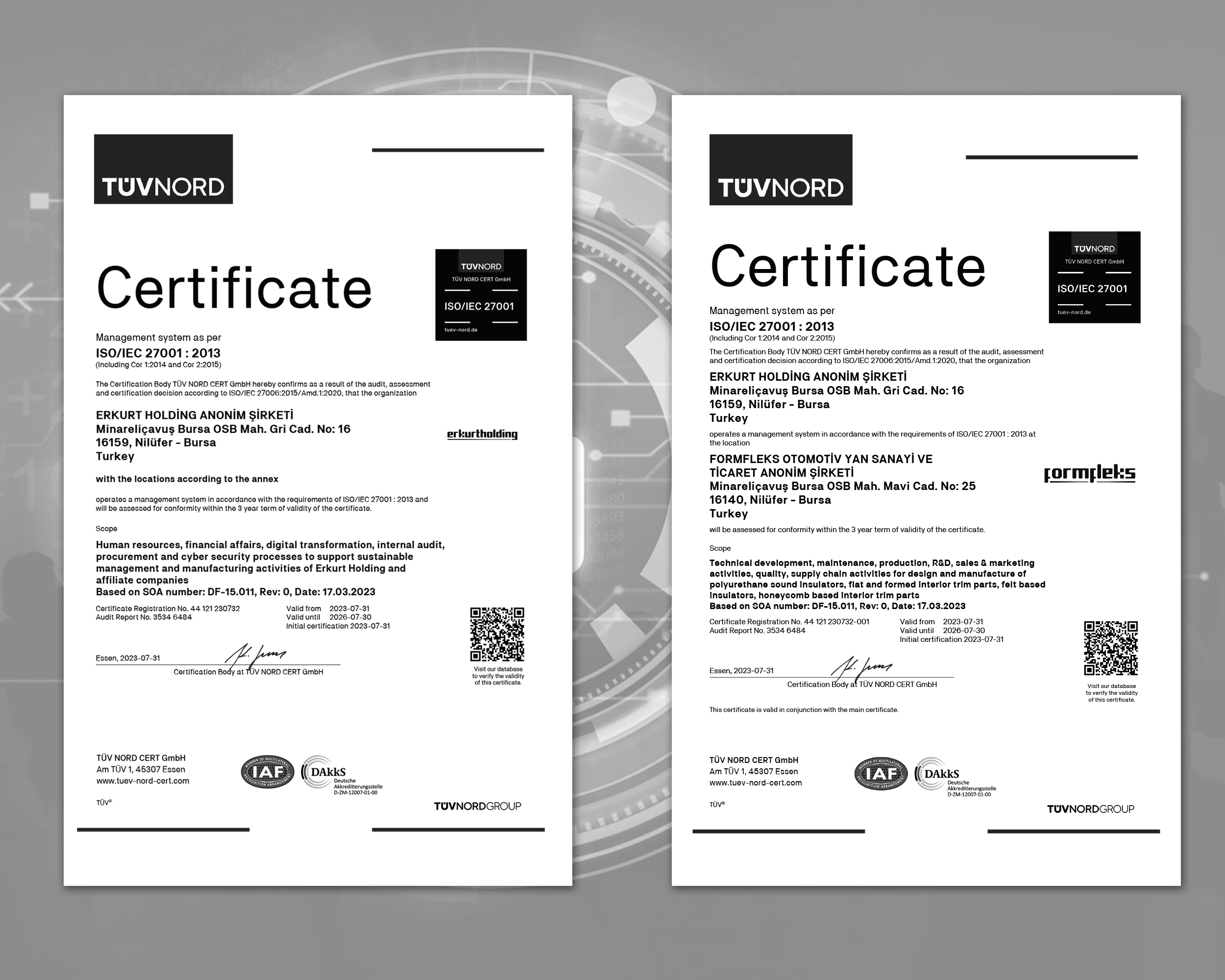 ERKURT HOLDİNG VE FORMFLEKS ISO 27001 SERTİFİKASINI ALDI
